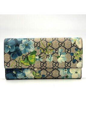 Gucci GG Blooms Continental Wallet Bifold Blue Beige Gold